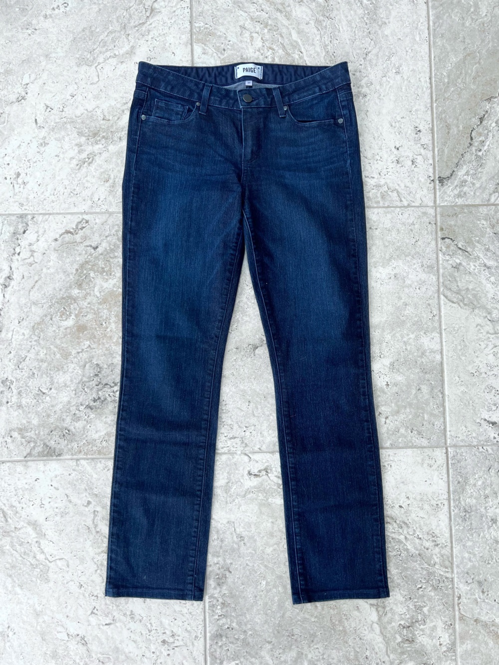 Paige Skyline Straight Leg Mid-Rise Jeans in Palmer Dark Blue Wash, size 29
